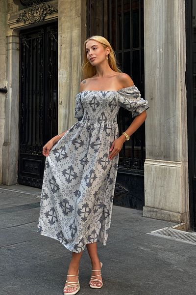 bacc Gray Square Collar Waist Floral Pattern Woven Summer Dress Bcvl-25V095-1