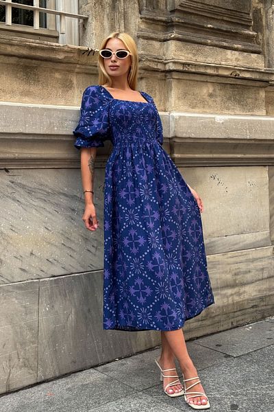 bacc Navy Blue Square Neck Waist Floral Pattern Woven Summer Dress Bcvl-25V095-1