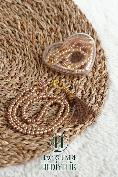 Hac Umre Hediyelik Gift Prayer Beads |   99 Pearl Prayer Beads Vav Imameli Tassel Heart Boxed |   Hajj Umrah Day Invitation Gift