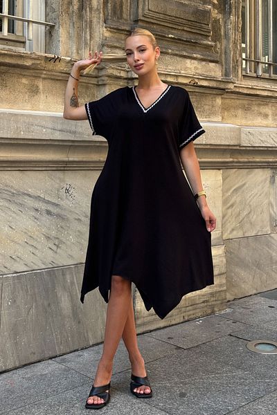 bacc Black Asymmetrical Cutout V Neck Stripe Relaxed Cutout Viscon Dress Bcvl-25V082