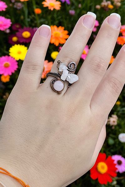 NBS Beautiful Naturel Stones Ring Pink Quartz Pure Copper Adjustable Hand Craftsmanship (Positivity, Evil Eye, Protection)