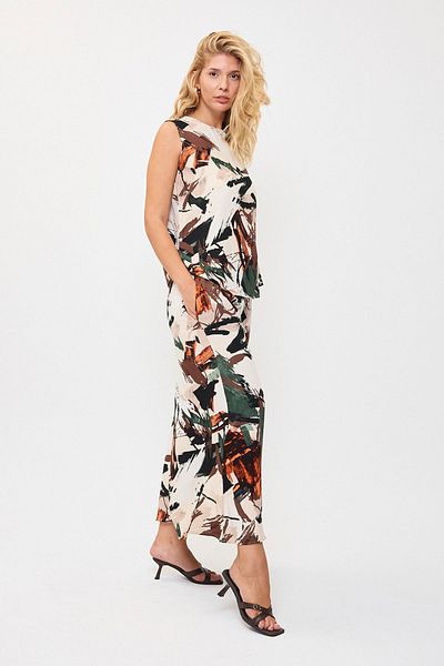 bacc Khaki Pattern Sleeveless Blouse and Wide Leg Pants Woven Bottom Top Set Bcvl-25V201