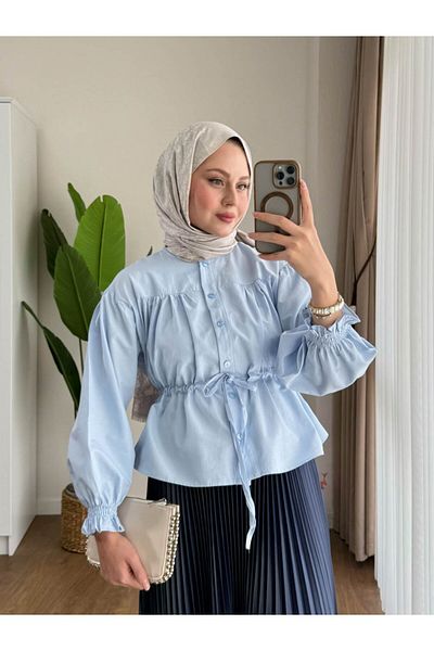 RFK Butik Women's Skirt Top with Tunnel Waist Hijab Short Shirt Blue