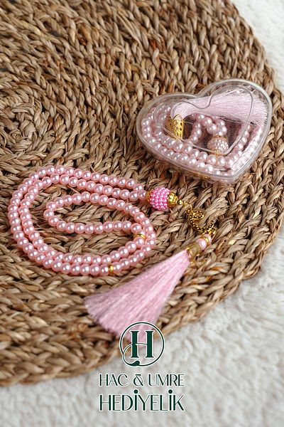 Hac Umre Hediyelik Gift Prayer Beads |   99 Pearl Prayer Beads Vav Imameli Tassel Heart Boxed |   Hajj Umrah Day Invitation Gift