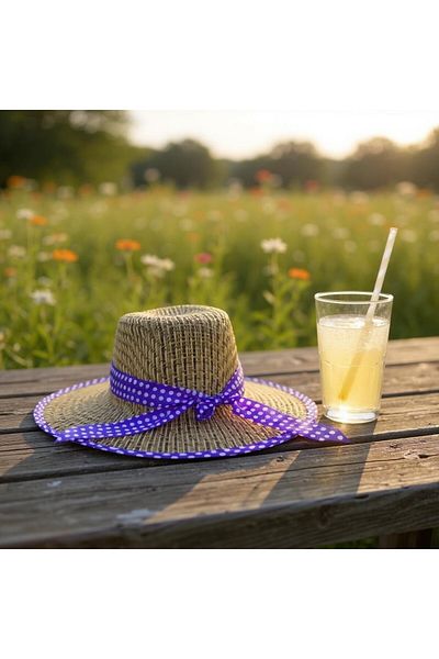 OliwaHome Mathmazel Lady Summer Hat – Purple Polka Dot Ribbon, Wide Brim, Women's Beach and Sun Hat
