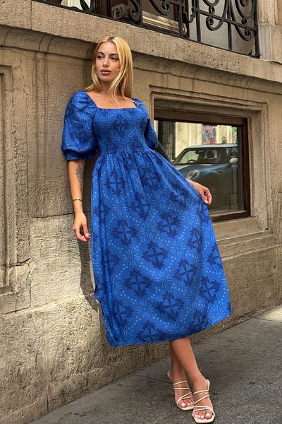 bacc Saks Square Neck Waist Floral Pattern Woven Summer Dress Bcvl-25V095-1