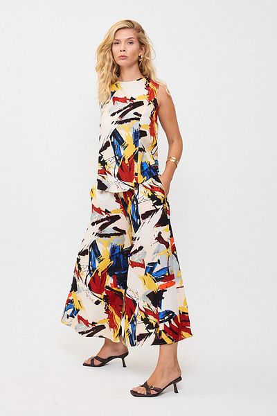 bacc Red Patterned Sleeveless Blouse and Wide Leg Pants Woven Bottom Top Set Bcvl-25V201