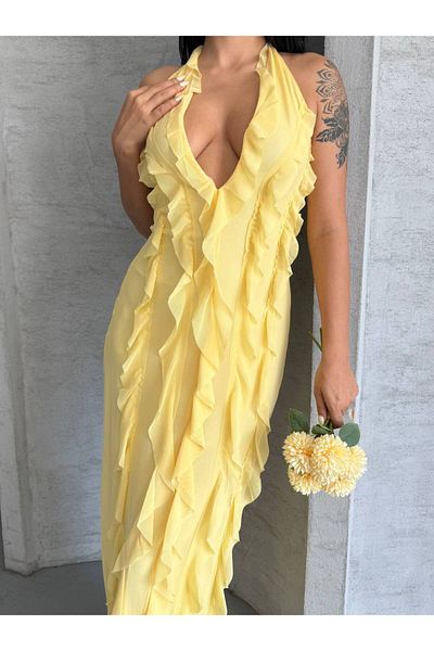 ILLE Halter Neck Tulle Ruffle Detail Dress
