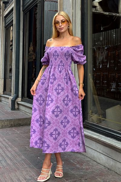 bacc Lilac Square Neck Waist Floral Pattern Woven Summer Dress Bcvl-25V095-1