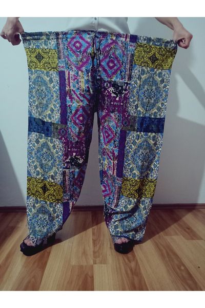 hoaryage Ethnic Patterned 100% Cotton Viscose Pressed Trousers with Elastic Waist38-50Size
