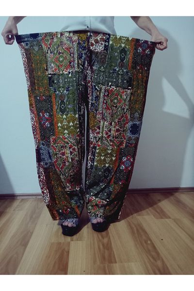 hoaryage Ethnic Patterned 100% Cotton Viscose Pressed Trousers with Elastic Waist38-50Size