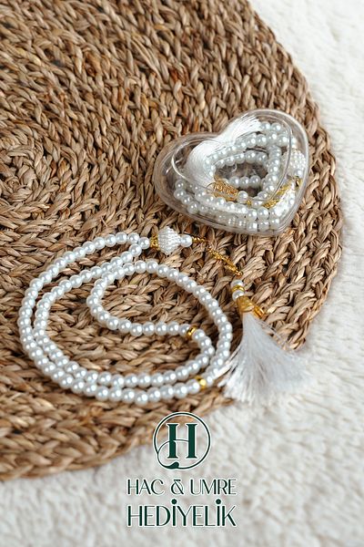 Hac Umre Hediyelik Gift Prayer Beads |   99 Pearl Prayer Beads Vav Imameli Tassel Heart Boxed |   Hajj Umrah Day Invitation Gift