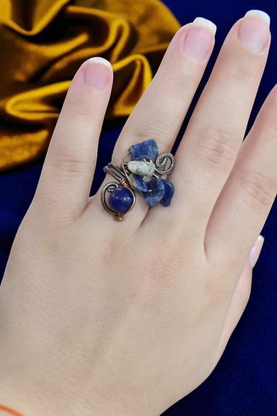 NBS Beautiful Naturel Stones Ring Lapis Lazuli Pure Copper Adjustable Hand Craftsmanship (Positivity, Evil Eye, Protection)