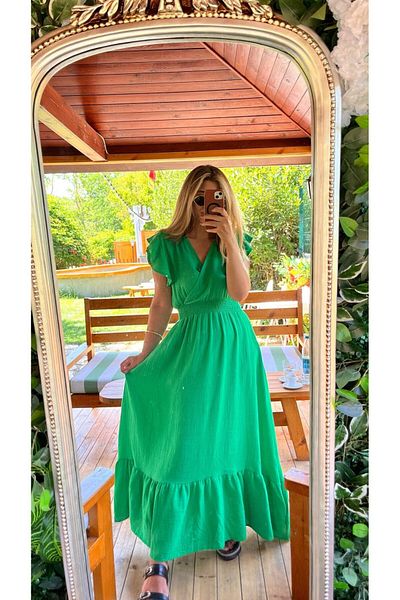 Viyamo Women's Short Sleeve Double Breasted Collar Elastic Waist Muslim Dress