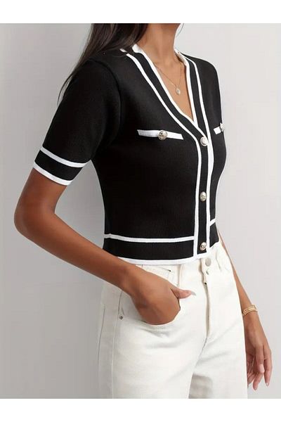 TUA MODA Tua Moda Women's Short Sleeve Front Button Knitwear Blouse