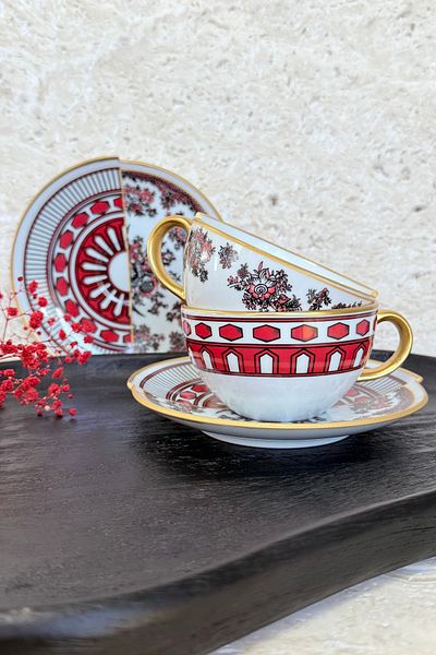 porselenden Apollo 2-Person 4-Piece Porcelain Teacup Set 200 Cc Gold Red Flower Pattern Special Design