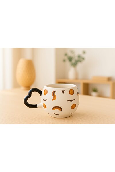 SırART Heart Handle Leopard Pattern Special Design Hand Embroidered Ceramic Mug