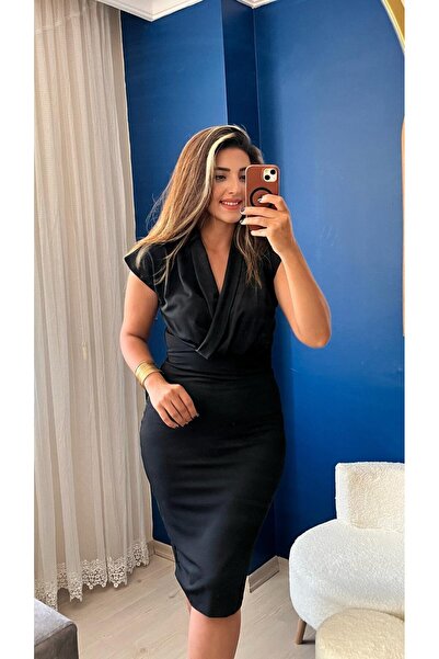 Bijuterria Women's Short Sleeve Double Breasted Crepe Dress (Without Belt)