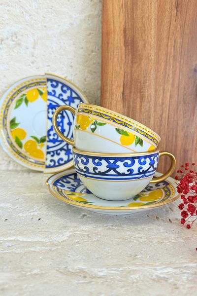 porselenden Lemone 4 Piece Porcelain Teacup Set for 2 Persons 200 Cc Gold Blue Lemon Pattern Special Design