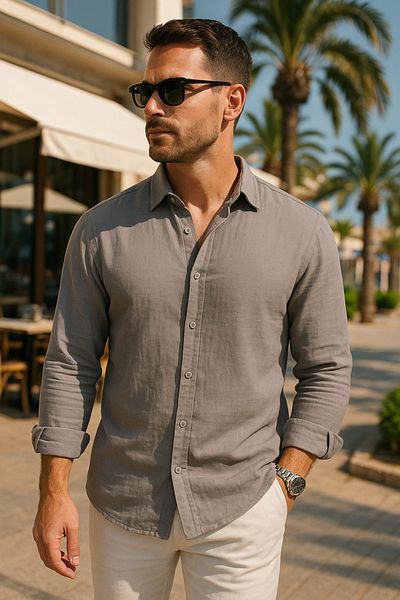 beuivo Men's Gray Oversize Textured Aerobin Linen Shirt