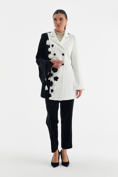 YAFA CLOTHING & ACCESSORIES Flower Brooch Jacket Pants Double Suit Black White