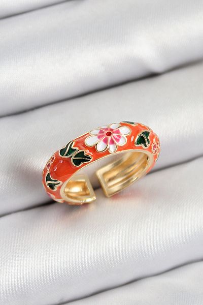 Skygo Brass Orange Enamel Flower Motif Gold Color Adjustable Women's Ring - Tj-Byk3804