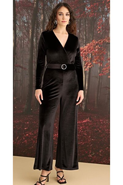 NightLove Monamise Long Sleeve Belt Detailed Velvet Jumpsuit 23127
