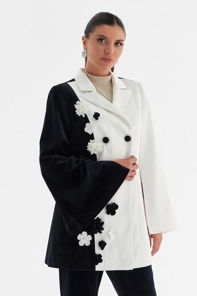 YAFA CLOTHING & ACCESSORIES Flower Brooch Jacket Pants Double Suit Black White
