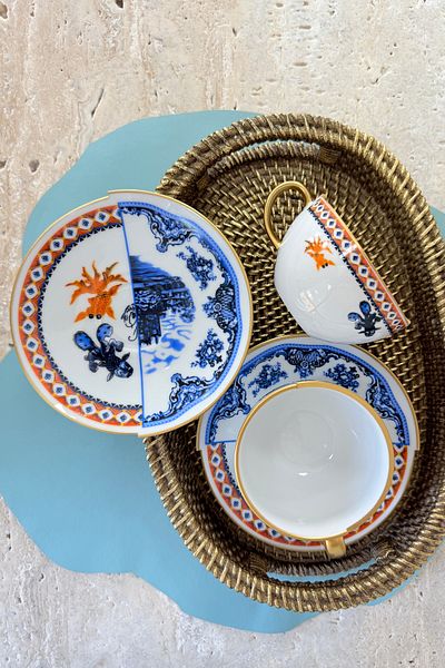 porselenden Gold Fish 2 Person 4 Piece Porcelain Teacup Set 200 Cc Gold Blue Orange Fish Patterned