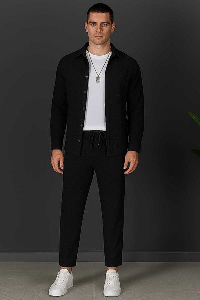 DWN WEAR Bürümcük Crinkle Fabric Summer Lycra Unisex Women's Men's Long Sleeve Shirt Tracksuit Set