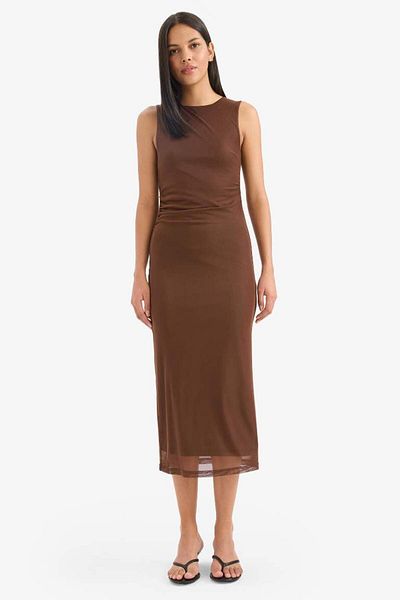 DeFacto New Season Bodycon Body-Hugging Round Neck Tulle Sleeveless Midi Dress