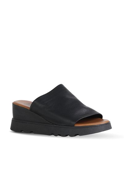 Bueno Shoes Black Khv Leather Women's Wedge Heeled Slippers 01Wy8605