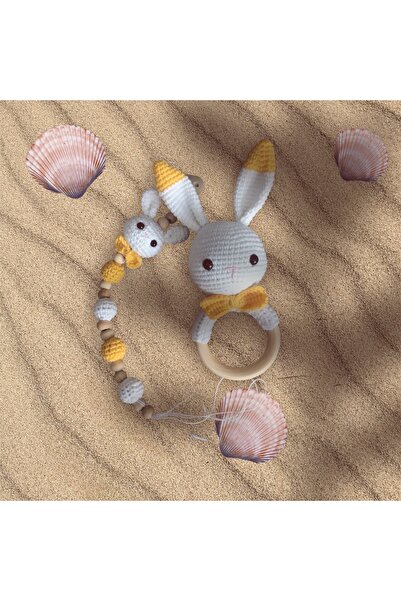 stoks toys Amigurumi Tavşan örgü çıngırak ve emzik zinciri seti