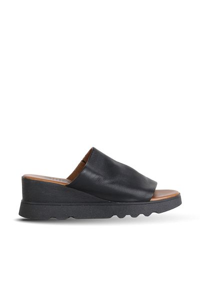 Bueno Shoes Black Khv Leather Women's Wedge Heeled Slippers 01Wy8605