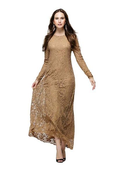 fun zone Embroidered Net Long Sleeve Dress Brown