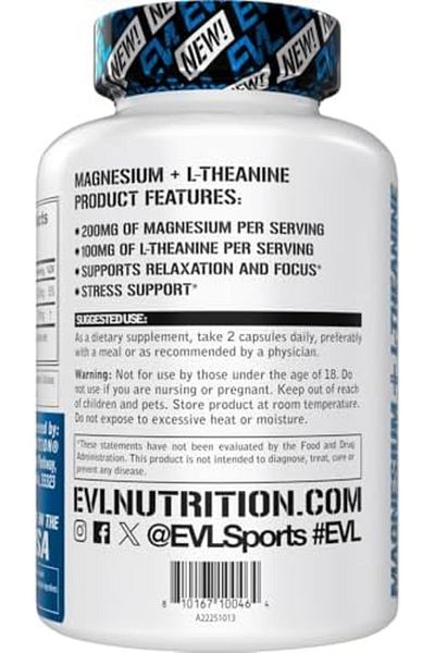 evlution nutrition Magnesium + L-Theanine - Natural Relaxation & Focus Support - 200mg Magnesium + 1
