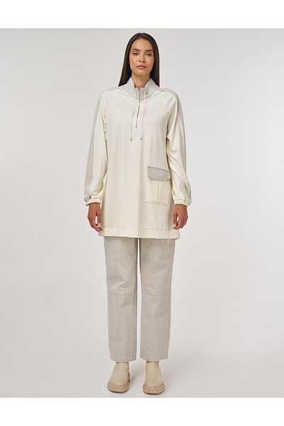 Kayra Fabric Garnished Stand Collar Sweatshirt Ecru