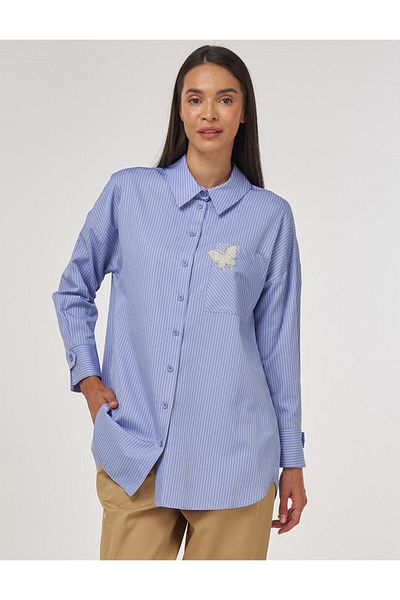 Kayra Pearl Detailed Cotton Blouse Airman Blue