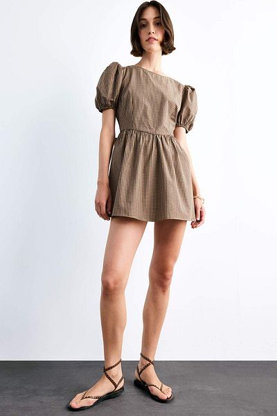 DeFacto Fitted Check Poplin Short Sleeve Mini Dress F9944Ax25Sm