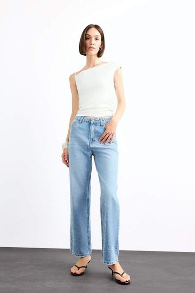 DeFacto Pantaloni largi din denim cu talie înaltă și picioare drepte G0586AX25SM