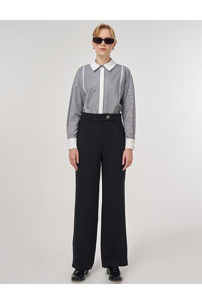 Kayra Button Detailed Fabric Trousers Black
