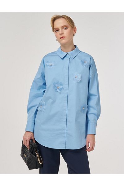 Kayra Flower Embroidered Cotton Tunic Dust Smoke