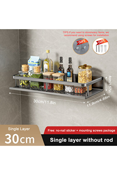 choice2 gray-30cm 1/2Pcs No Punch Spice Rack Wall Mounted Kitchen Spice Organizer with Hook Rod Seasoning Ra