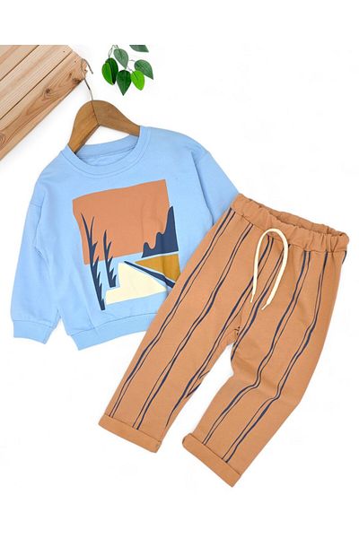 Egelite Boy's Landscape Printed Sweatshirt, Original Design Bottom Top Tracksuit Set with Striped Pantalon