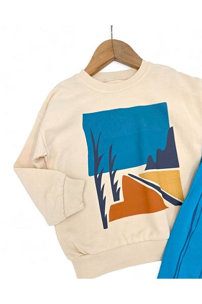 VOY KİDS Boy's Landscape Printed Sweatshirt, Original Design Bottom Top Tracksuit Set with Striped Pantalon