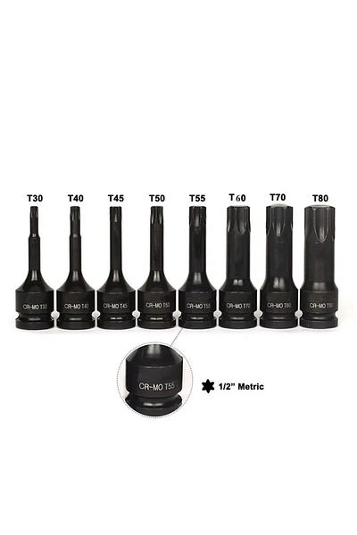 Metal Needs Set of 8 impact sockets, torx tip T30 - T80, 1/2 drive, Cr-Mo