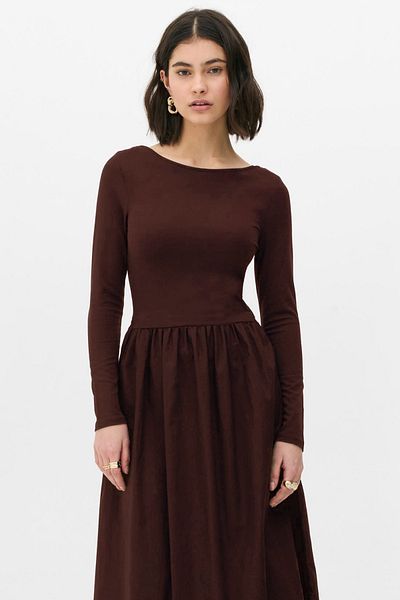 VODENS Pani Women's Maxi Length Skirt Part Woven Poplin Flared Top Part Flexible Viscose Coffee Dress