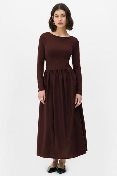 VODENS Pani Women's Maxi Length Skirt Part Woven Poplin Flared Top Part Flexible Viscose Coffee Dress