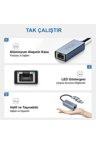 Inca Iutp-01t USB 3.0 Type-c 3.1 Ethernet Rj45 1000 ميجابت في الثانية حافظة ألومنيوم