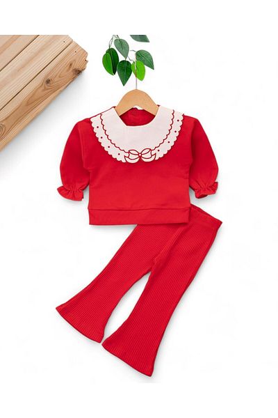 Ege Bebek Baby Girl Red Ribbon Detailed Baby Collar, Spanish Long Leggings 6-9-12-18-24 Months Baby Set